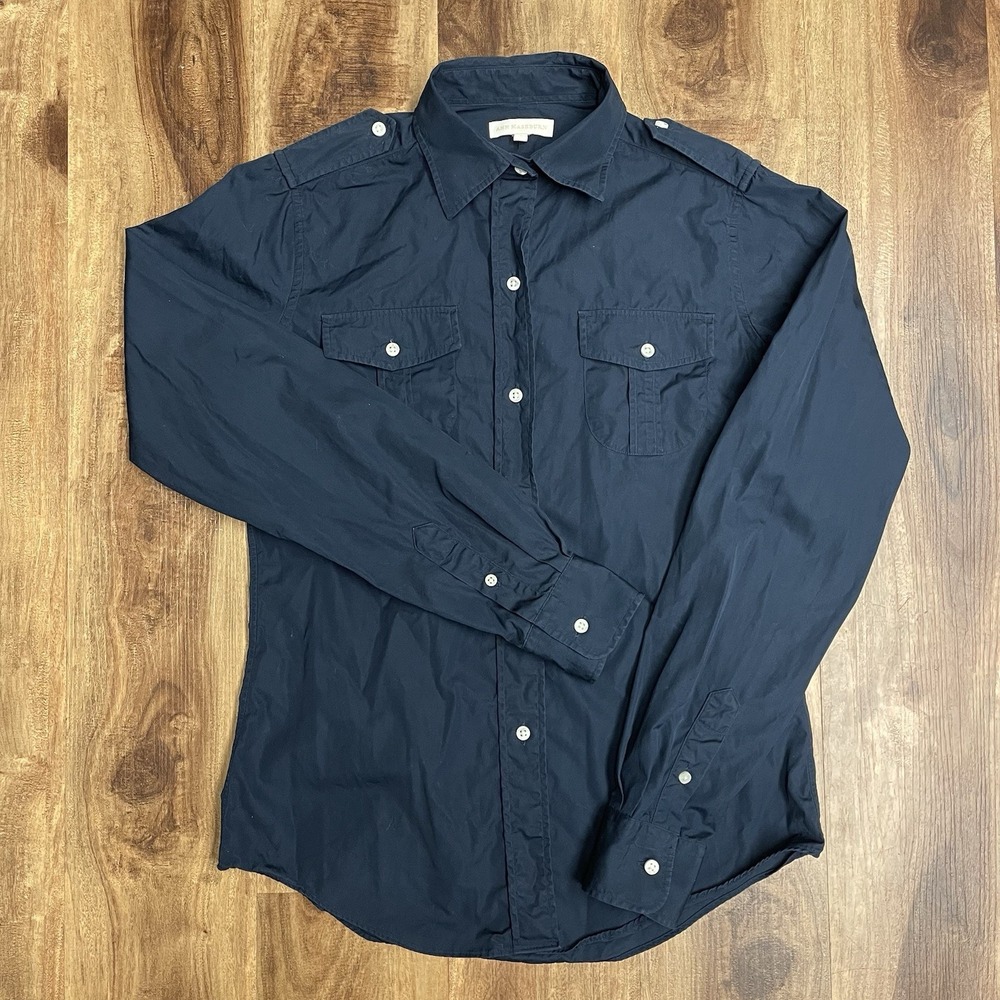 Ann Mashburn Utility Navy Blue Button Front Top Chest Pockets Epaulettes Small